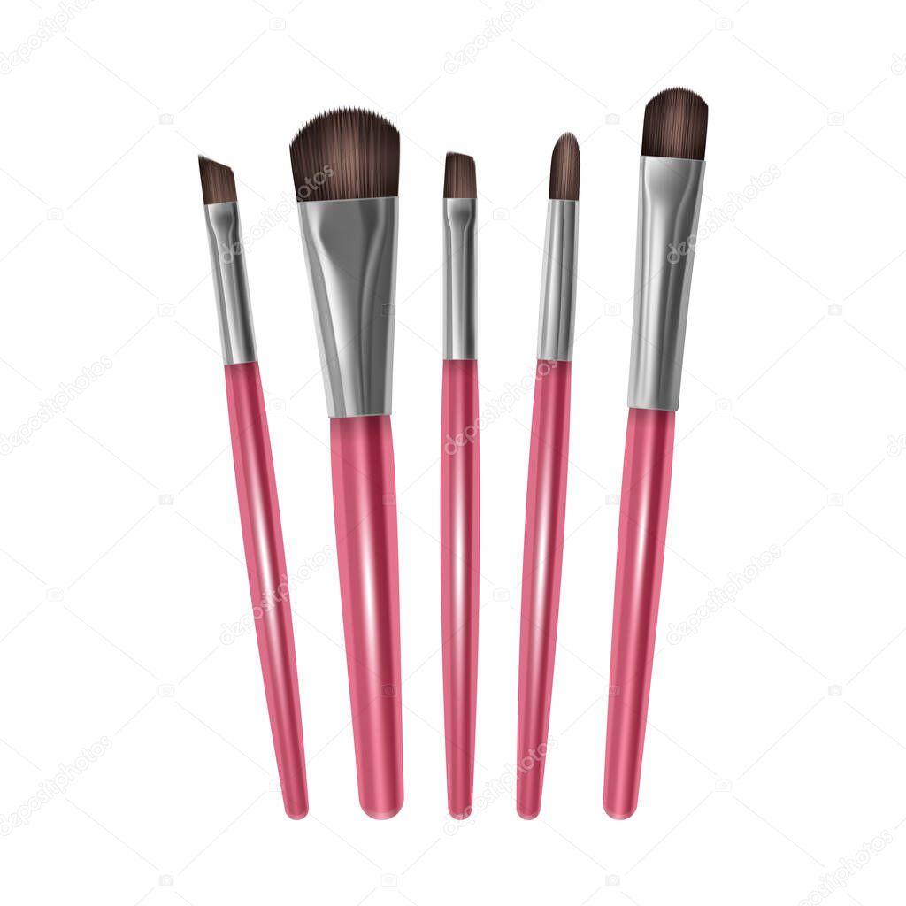 Set of Professional Makeup Brushes for EyeShadow Brow Brushes with red Handles Isolated on White Background, Vector EPS 10 format