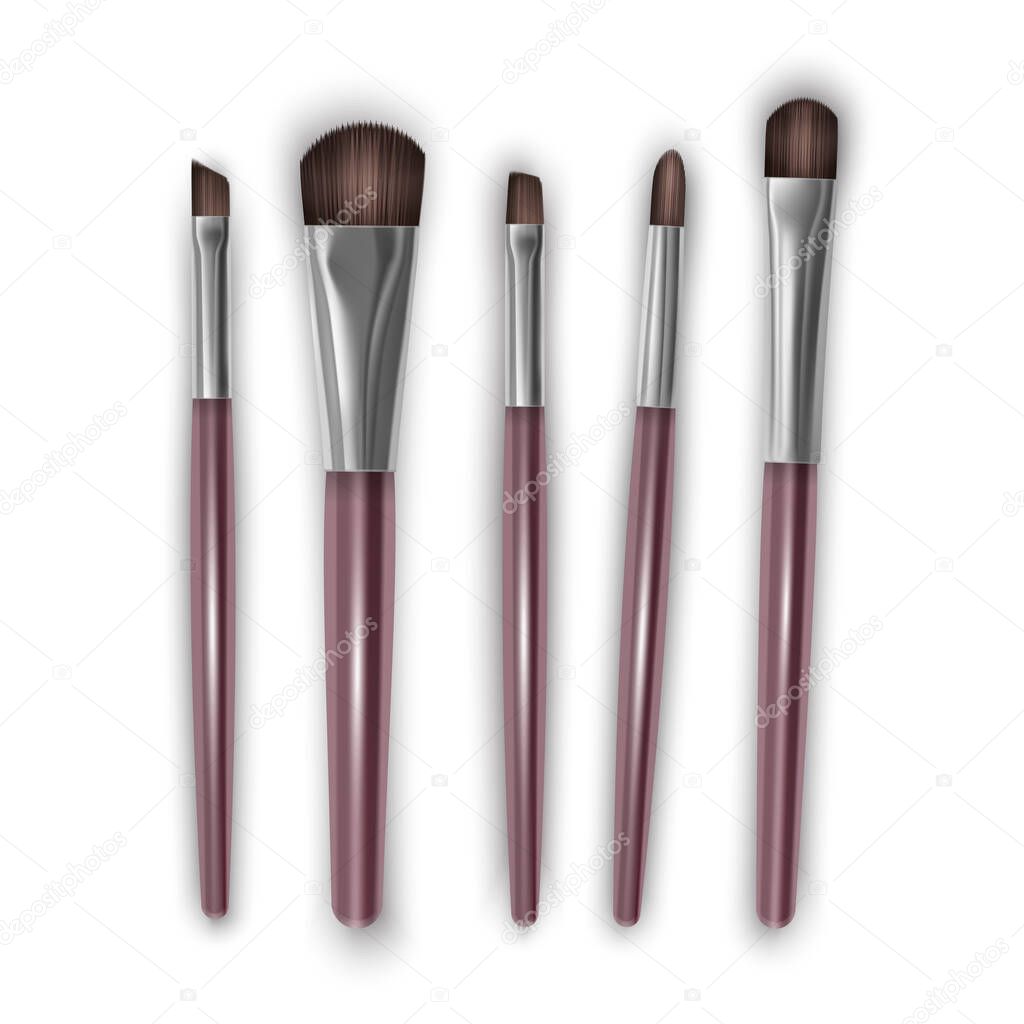 Set of Professional Makeup Brushes for EyeShadow Brow Brushes with gray Handles Isolated on White Background, Vector EPS 10 format