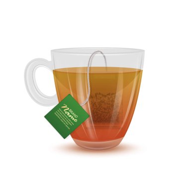 Beyaz arka planda çay poşeti olan şeffaf çay fincanı gerçekçi bir şekilde illüstrasyon, Vektör Eps 10 biçimi