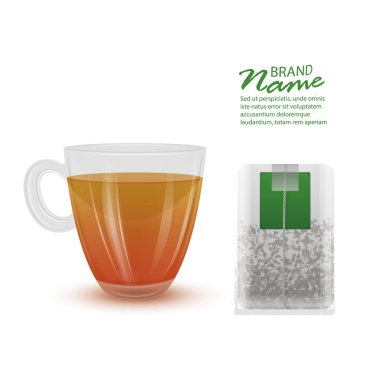 Gerçekçi çay fincanı ve çay poşeti beyaz arkaplanda izole edilmiş, Vektör Eps 10 biçimi