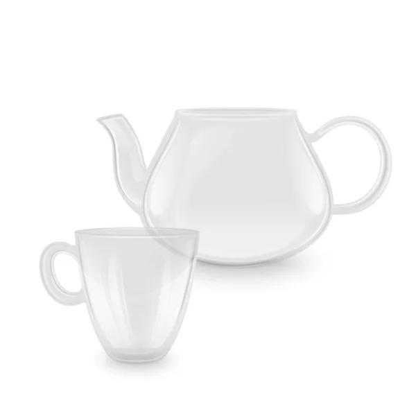 Tetera y taza transparentes en estilo realista sobre fondo blanco, cristalería transparente, ilustración vectorial — Archivo Imágenes Vectoriales