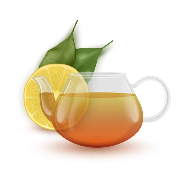黒茶とレモンのスライスとガラスティーポット,現実的なベクトルEps 10白の背景にイラスト — ストックベクタ