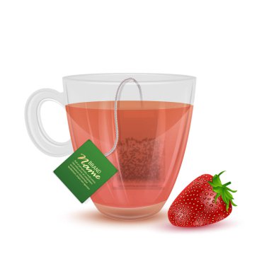 Çilek çayının gerçekçi çizimi, beyaz arka planda çay fincanı. Vektör 10 biçimi