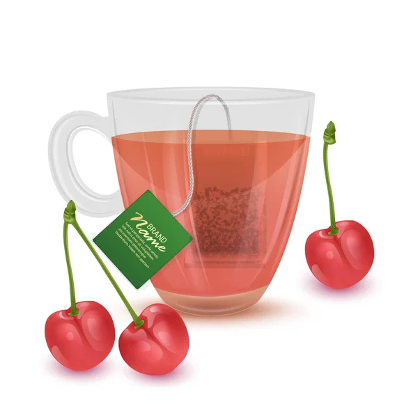 Reális illusztrációja Cherry Tea, tea csésze fehér háttér. Vektor eps 10 formátum — Stock Vector