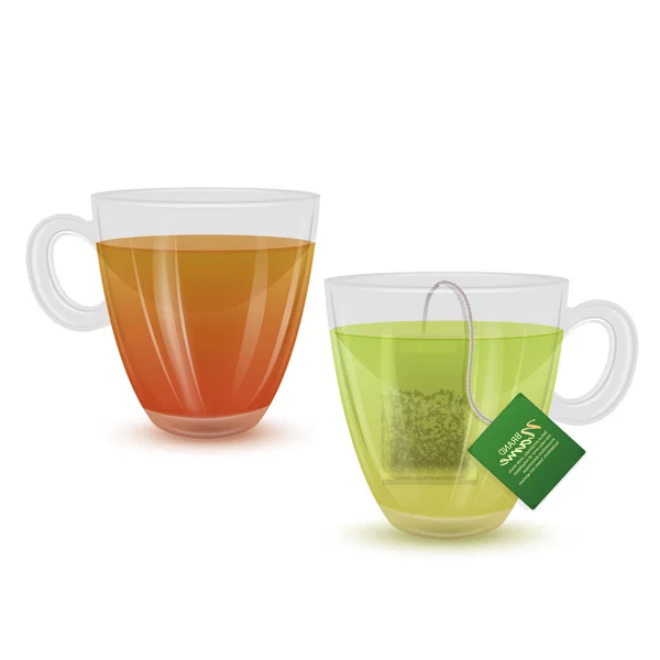 玻璃茶杯设置在白色背景，茶杯与红茶和绿茶，现实的病媒说明 — 图库矢量图片