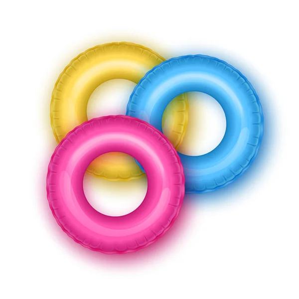 Conjunto de círculos de natación de color rosa brillante. Juguete de goma inflable para seguridad infantil. Ilustración realista de verano. Boya salvavidas. Vista desde arriba. Ilustración vectorial sobre fondo blanco — Archivo Imágenes Vectoriales