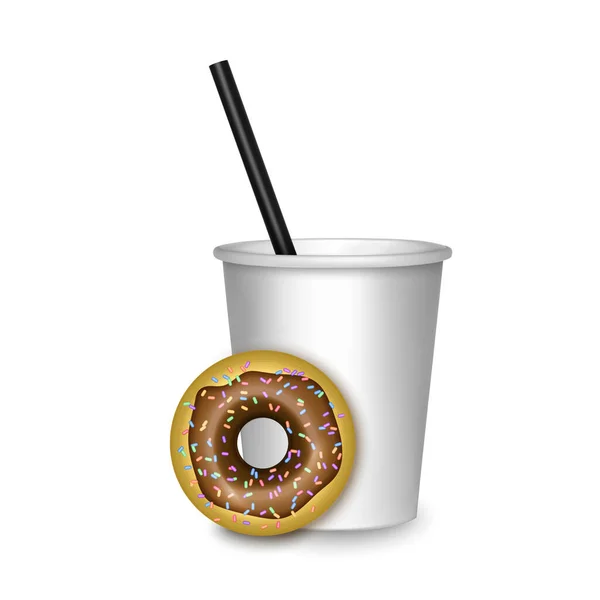 Realistische koffie en donut, Vector sjabloon koffie-cup met chocolete donut. op witte achtergrond vector illustratie. — Stockvector