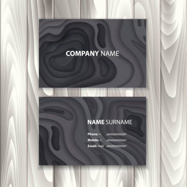 Geçmişi koyu siyah kağıt kesikli siyah kartvizit. 3D soyut kağıt sanat tarzı, ahşap bir alt tabaka üzerinde ziyaret kartı, Vektör Eps 10 illüstrasyon