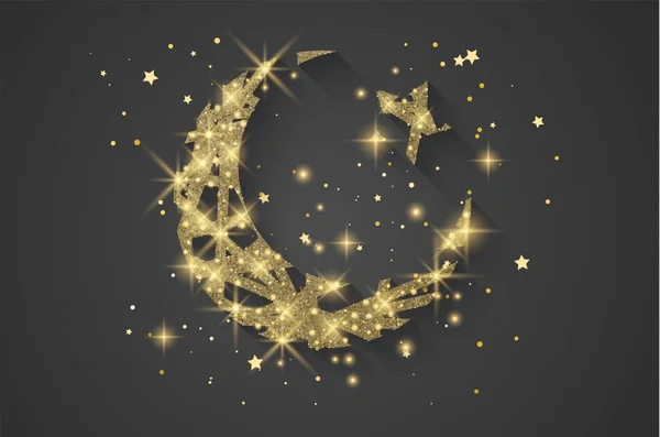 Ilustración de Ramadán Kareem con luna dorada con una textura brillante sobre un fondo oscuro. Plantilla de diseño vectorial para tarjetas de felicitación, póster, banner, invitación . — Vector de stock