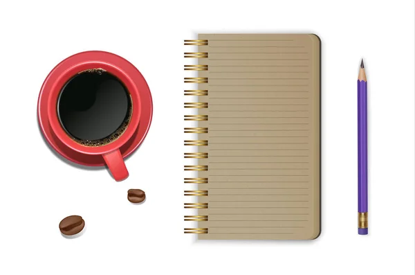 Ilustración vista superior con cuaderno abierto y páginas en blanco al lado de la taza de café, listo para agregar texto o maqueta. ilustración vectorial — Vector de stock