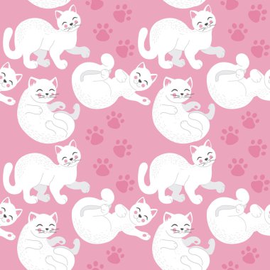 Pembe arka planda sevimli kedileri olan kusursuz çocuksu bir model. Yaratıcı çocuklar el çizimi doku vektörü çizimleri