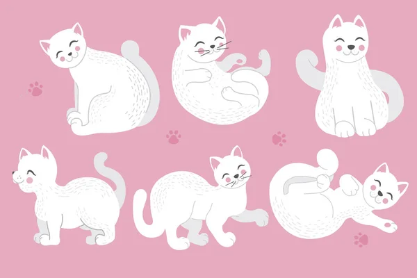 Conjunto de diferentes dibujos animados gatos blancos. Ilustración vectorial en estilete de garabato, aislado sobre fondo blanco . — Vector de stock