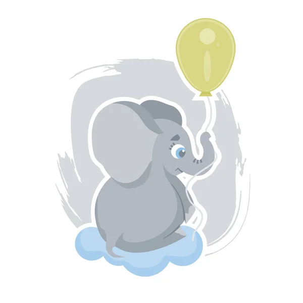 Elefante de desenhos animados bonito voando em um balão amarelo, pode ser usado como uma impressão em roupas infantis, ilustração do vetor eps 10 —  Vetores de Stock
