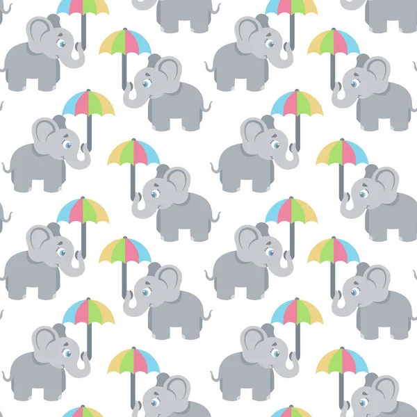 没有缝隙，没有尽头的图案。大象拿着雨伞和它的行李箱，可以用来作为儿童服装的印模，矢量则表示10个图解 — 图库矢量图片