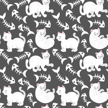 Komik, beyaz kedi ve balık kemikleriyle şirin, kusursuz desenler bebek ve çocuk tasarımı için harika. Vektör 10 illüstrasyon istiyor
