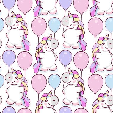 Beyaz arka planda renkli tek boynuzlu atların olduğu kusursuz, uçsuz bucaksız desen, çocuklar için illüstrasyon, vektör 10 sanata yayılıyor