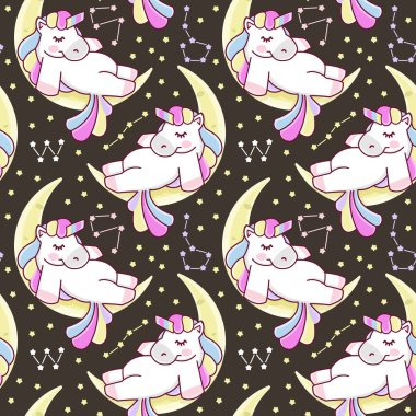 Beyaz tek boynuzlu atlar, gökkuşağı ve yıldızlarla kusursuz, uçsuz bucaksız bir düzen. Karanlık arka planda izole edilmiş. Tek boynuzlu at deseni. Vektör illüstrasyonu