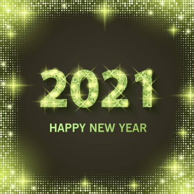 2021 Mutlu yıllar bayrağı. Yeni Yıl 2021 Parlak, altın ve parıltılı doku vektörüyle 10 illüstrasyon