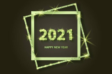 2021 Mutlu yıllar bayrağı. Yeni Yıl 2021 Parlak, altın ve parıltılı doku vektörüyle 10 illüstrasyon