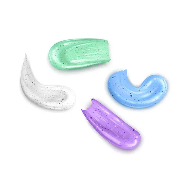 Gommage cosmétique coloré, frottis mis isolé sur fond blanc. Cosmétiques de beauté peeling produit pour les soins du visage avec des coups de pinceau crème ou gel Conception de l'emballage du tube Illustration vectorielle 3D réaliste — Image vectorielle