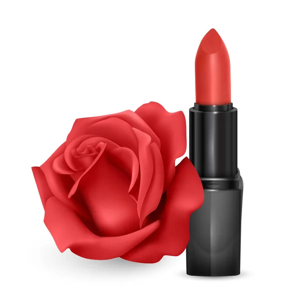 Помада ярко-красного цвета в реалистичном стиле на фоне красной розы, векторная иллюстрация — стоковый вектор