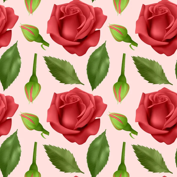 Nahtloses, endloses Muster mit Rosen und Blättern, leuchtend roten Rosen und grünen Blättern auf nahtlosem Hintergrund, Design für Ihre Verpackung. Vektorillustration — Stockvektor
