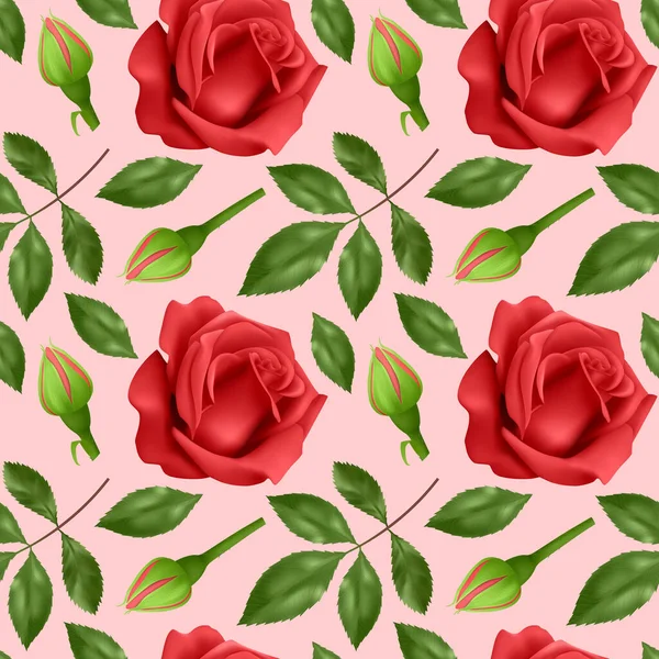 Padrão sem costura e sem fim com rosas e folhas, rosas vermelhas brilhantes e folhas verdes no fundo sem costura, design para sua embalagem. Ilustração vetorial —  Vetores de Stock