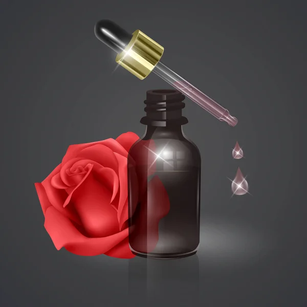 Niezbędny olejek różany, realistyczna ilustracja 3D. Serum nawilżające z ekstraktem z róży. Idealny do reklamy, ulotek, banerów, plakatów. Wektor EPS 10 — Wektor stockowy