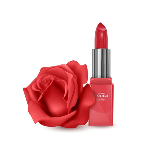 赤いバラの背景を背景に、現実的なスタイルで明るい赤の色で口紅、ベクトルイラスト — ストックベクタ
