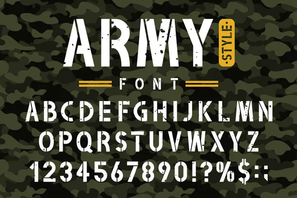 军用模具字体的伪装背景 粗糙和蹩脚模具字母数字在复古军队的风格 老式的阳刚字体的钢板蜡纸 — 图库矢量图片