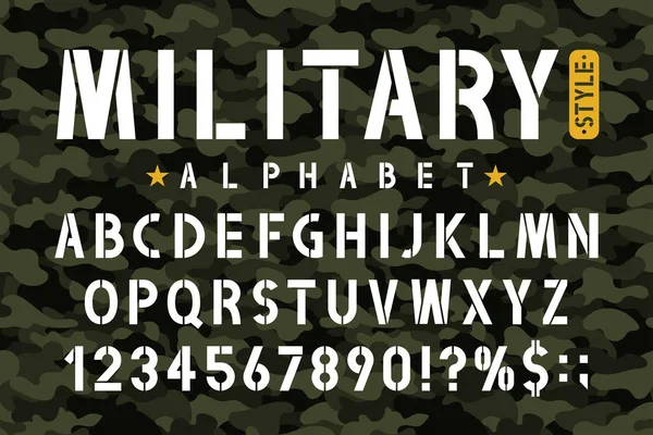 Fuente Militar Sobre Fondo Camuflaje Alfabeto Plantilla Con Números Estilo — Vector de stock