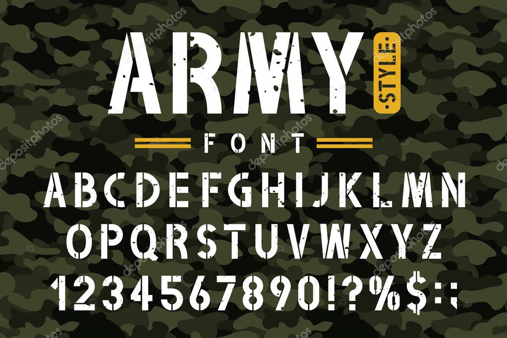 Military stencil font on camouflage background. Rough and grungy stencil alphabet with numbers in retro army style. Vintage masculine font for stencil-plate. Vector