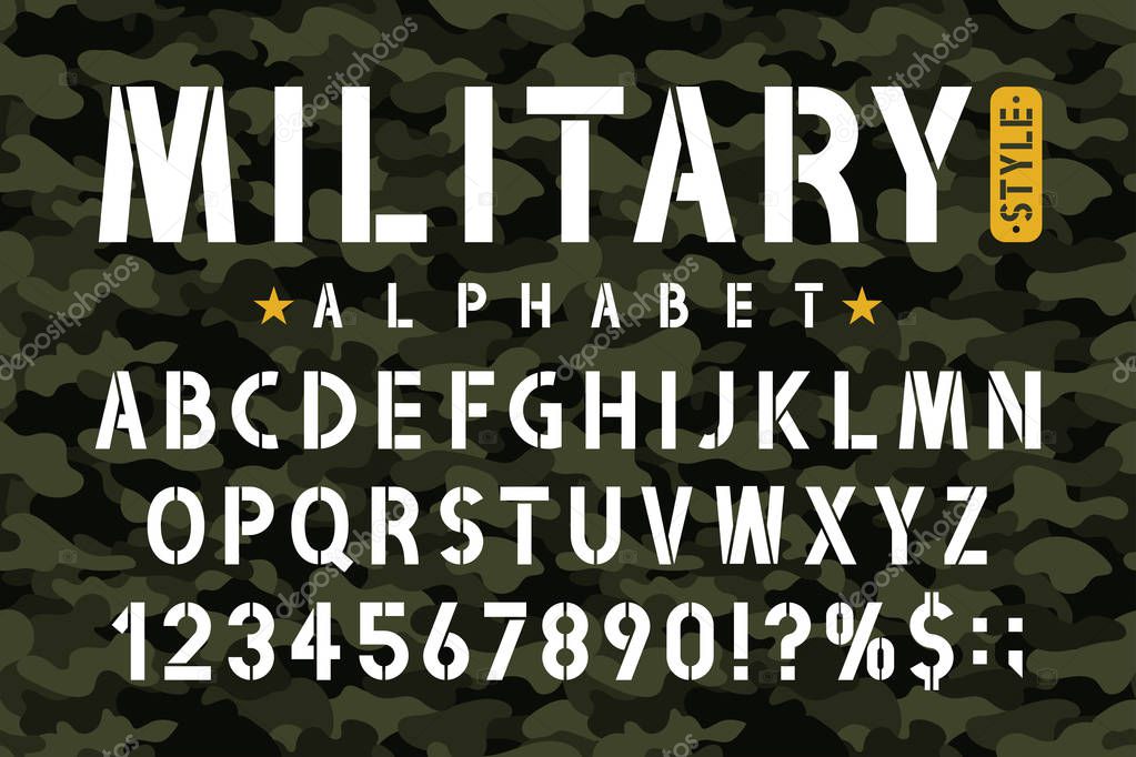 Military stencil font on camouflage background. Stencil alphabet with numbers in retro army style. Vintage masculine font for stencil-plate. Vector