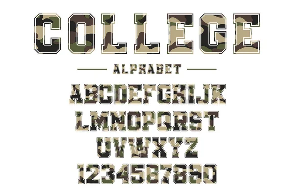 Classic College Font Camouflage Texture Vintage Sport Font American Style — Stock Vector