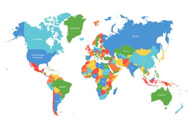 Vektör dünya haritası. Renkli Dünya Haritası ülkeler sınırları ile. İş, seyahat, tıp ve eğitim için detaylı harita