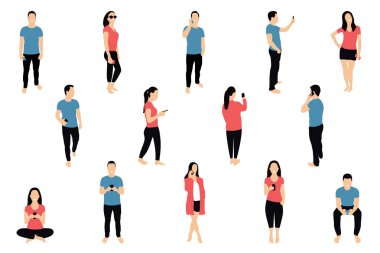 Akıllı insan kalabalığı. Erkekler ve kadınlar akıllı telefonlar, manifatura, söz ve alma selfie kullanıyorsunuz. Sosyal ağ ve peygamberler kavramı. Karakterler düz izometrik tarzı. Vektör