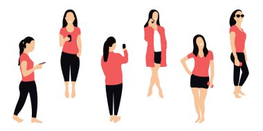 Akıllı insan kalabalığı. Kadınlar, gençler, Genç kızlar akıllı telefonlar, manifatura, söz ve alma selfie kullanıyorsunuz. Sosyal ağ ve peygamberler kavramı. Karakterler düz izometrik tarzı. Vektör