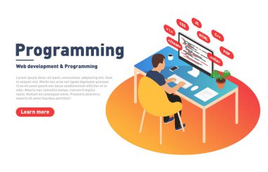 Programlama ve web geliştirme kavramı. Programcı bilgisayarda çalışıyor. Geliştirici ve İzometrik projeksiyon modern iş yeri. Açılış sayfası şablonu. Vektör