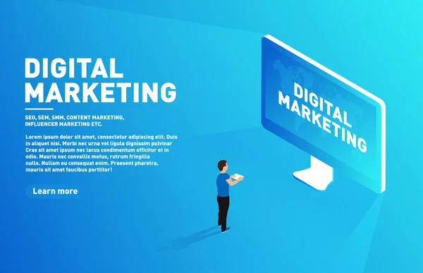 Concepto Marketing Digital Marketing Saliente Carácter Isométrico Con Tableta Pie — Vector de stock