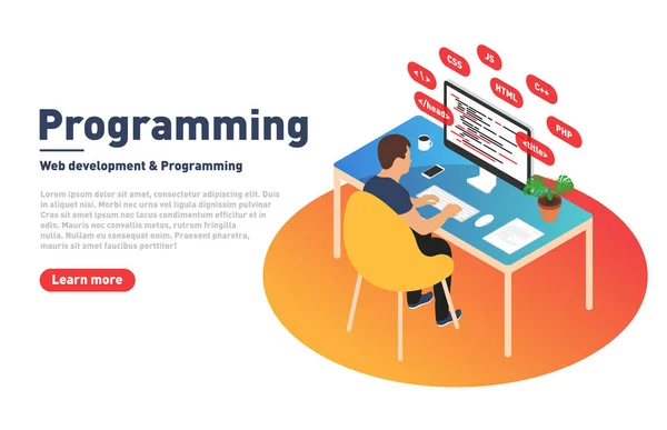 プログラミングや Web の開発コンセプト プログラマは コンピューターに取り組んでいます 開発者は 等角投影法で現代の職場 ランディング ページ テンプレートです — ストックベクタ