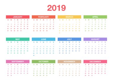 Takvim 2019 şablonu. Renkli takvim tasarım planlayıcısı veya Zamanlayıcı için. Vektör