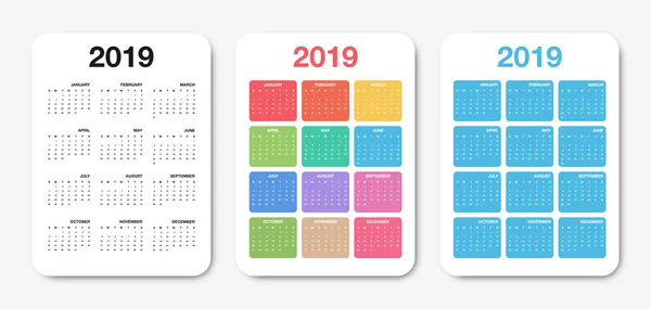 Pocket Calendar 2019 Template Colorful Compact Calendar Design Planner Scheduler — Stock Vector