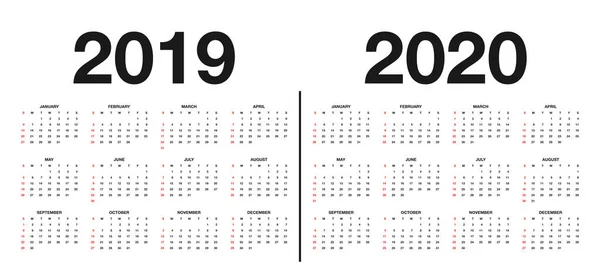 Plantilla Calendario 2019 2020 Diseño Calendario Colores Blanco Negro Vacaciones — Vector de stock