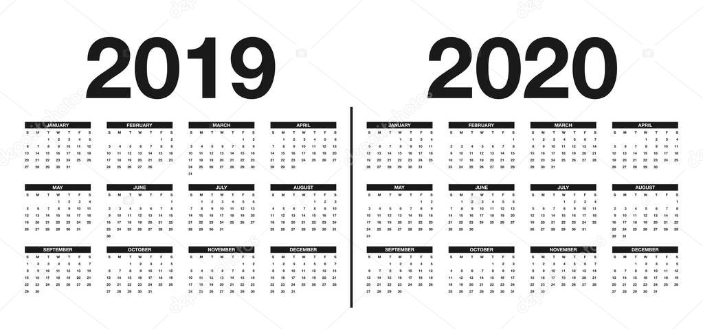 Calendar 2019 and 2020 template. Calendar design in black and white colors. Vector