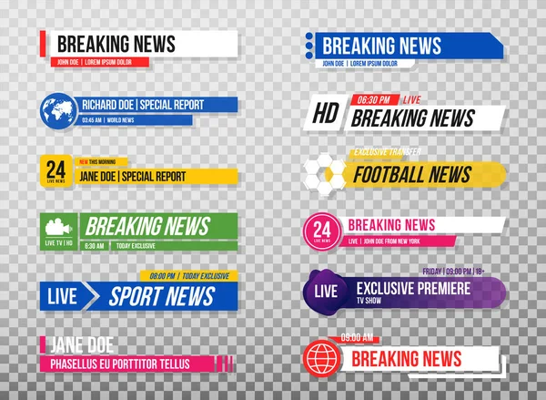 Lower Third Template Set Banners Bars News Sport Channels Streaming — Stock Vector