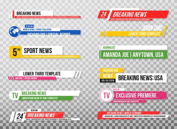 Lower Third Template Set Banners Bars News Sport Channels Streaming — Stock Vector