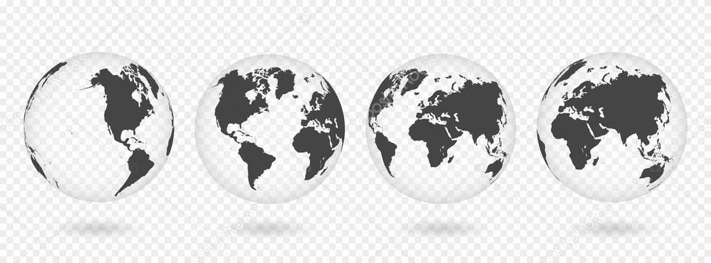 Set of transparent globes of Earth. Realistic world map in globe shape with transparent texture and shadow. Vector