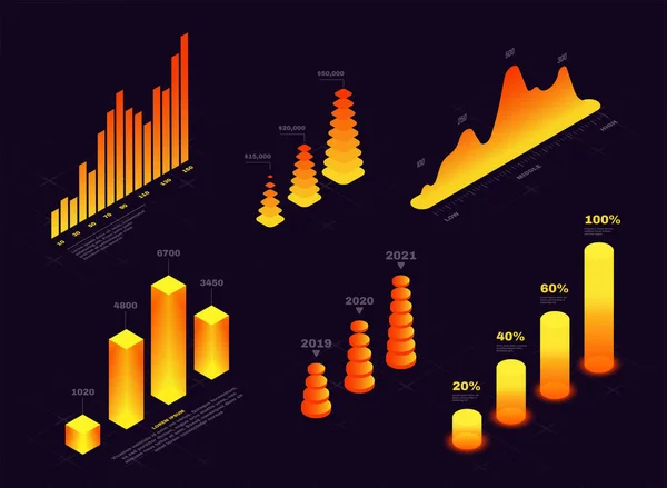 Elementos Isométricos Para Infografía Informe Gráficos Ondas Columnas Estadística Datos — Vector de stock