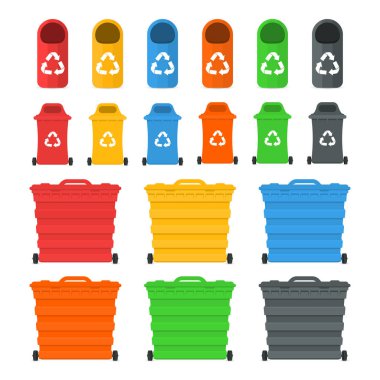 Atık sıralama ve sıralama yönetimi kavramı geri dönüşüm. Renkli çöp konteyneri ve atık ve çöp farklı türde depo gözlerinde. Vektör