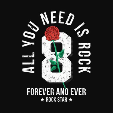 Rock müzik tarzı t-shirt tasarımı ile kırmızı gül ve sayı. Kolej ve üniversite stil grafik t-shirt baskı grunge arka plan ile. Vektör